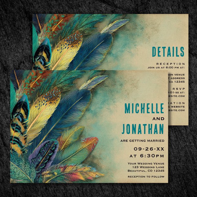 Boho Feathers | Turquoise Teal All in One Wedding Invitation (Boho Feathers  Turquoise Teal All in One Wedding Invitation)