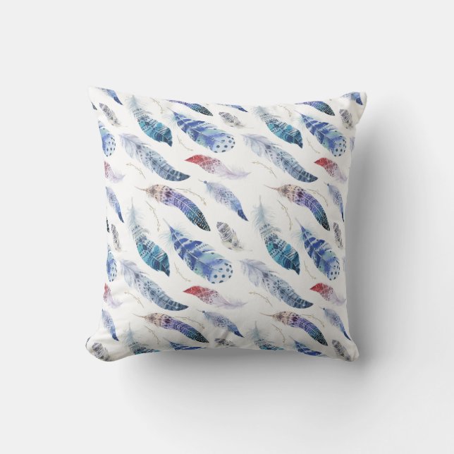 Boho Feathers Watercolor Pattern Cushion (Front)