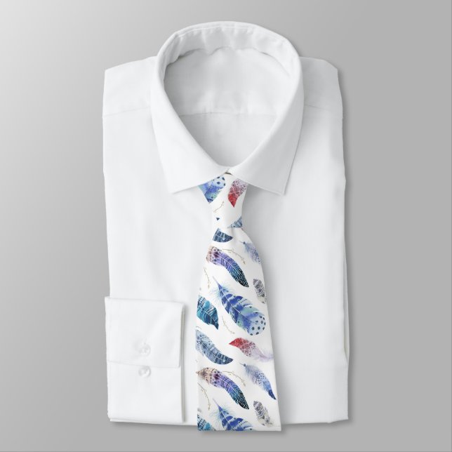 Boho Feathers Watercolor Pattern Tie (Tied)