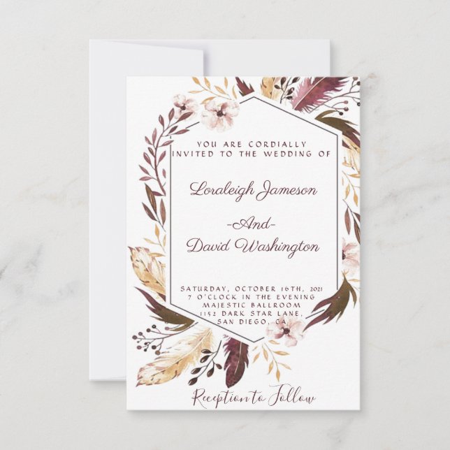 Boho feathers wedding invitation (Front)