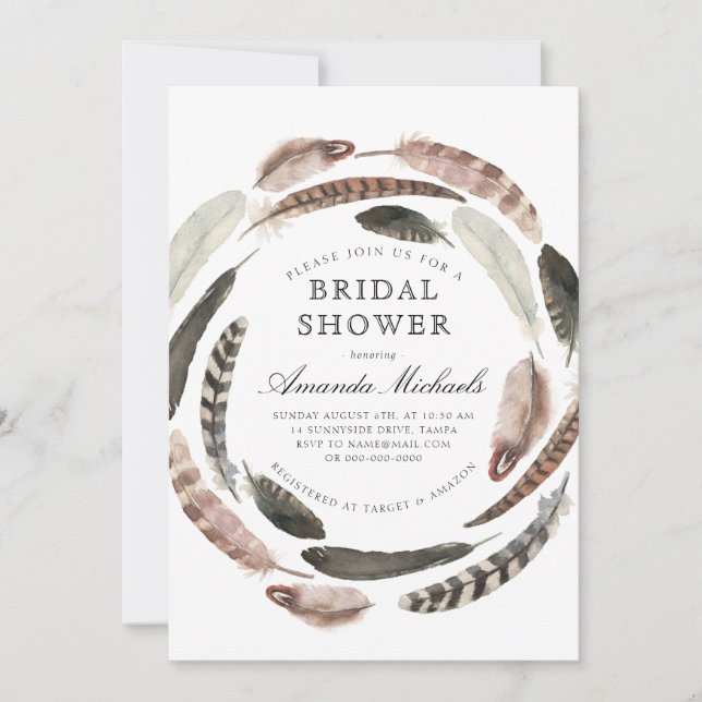 Boho Feathers Western Desert Beige Bridal Shower Invitation (Front)
