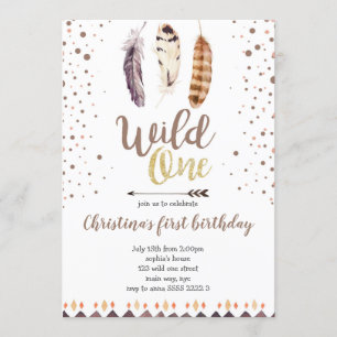 Boho Feathers Wild One Gold Girl First Birthday Invitation