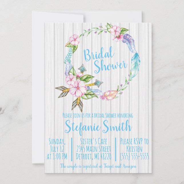 Boho Feathers Wreath Bridal Shower Invitation (Front)