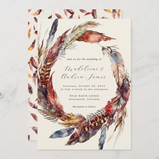 Boho Feathers Wreath Calligraphy Fall Wedding Invitation (Front/Back)