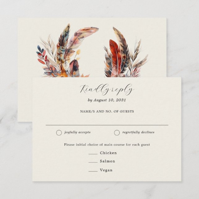 Boho Feathers Wreath Meal Choice Wedding RSVP Card (Front/Back)