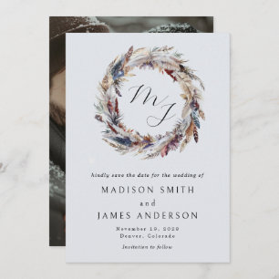 Boho Feathers Wreath Monogram Winter Wedding Save The Date