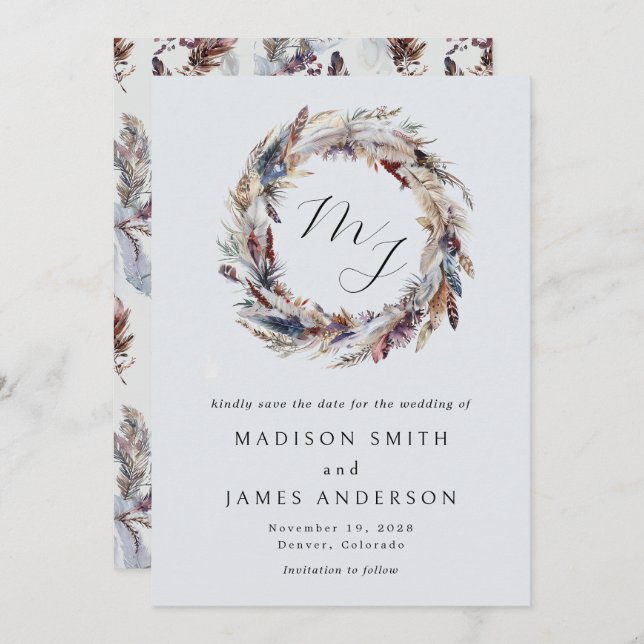Boho Feathers Wreath Monogram Winter Wedding Save The Date (Front/Back)