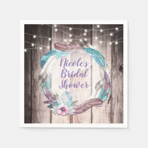 Boho Feathers Wreath & String Lights Bridal Shower Napkin
