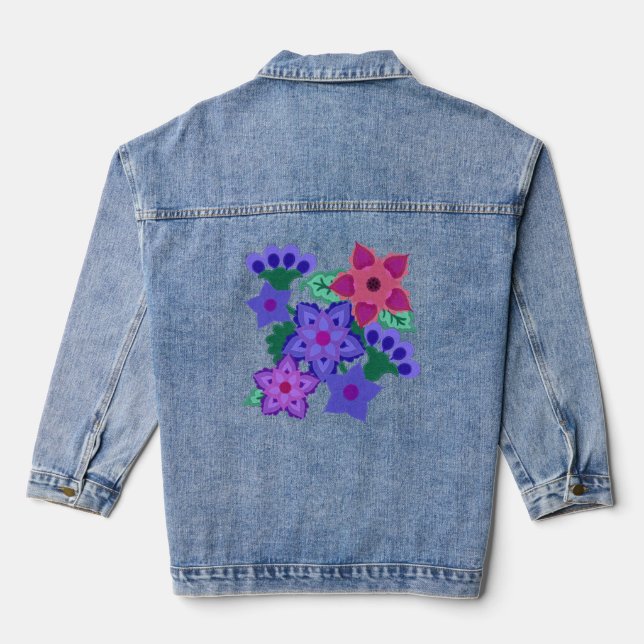 Boho Felt Look Purple Pink Blue Flowers Beautiful  Denim Jacket (Back)