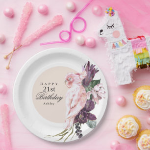Boho Feminine Tropical Pink Parrot 21st Birthday Paper Plate