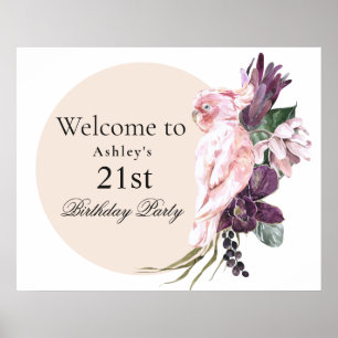 Boho Feminine Tropical Pink Parrot 21st Birthday Poster