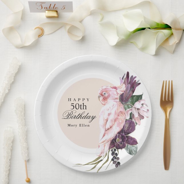 Boho Feminine Tropical Pink Parrot 50th Birthday Paper Plate (Wedding)