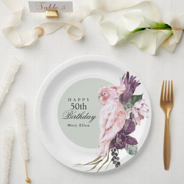 Boho Feminine Tropical Pink Parrot 50th Birthday Paper Plate (Wedding)