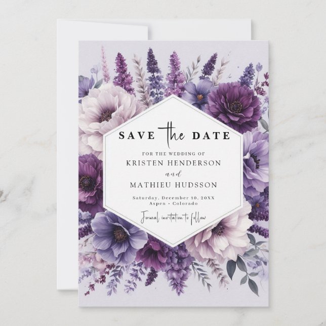 Boho Field Purple Floral Wedding Save The Date (Front)