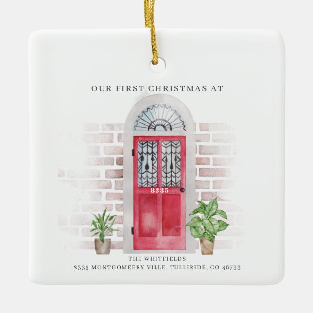 Boho First Christmas New Home Red Door Chic Plants Ceramic Ornament (Front)