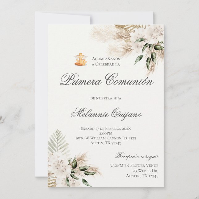 Boho First Communion Invitation in Spanish (Front)
