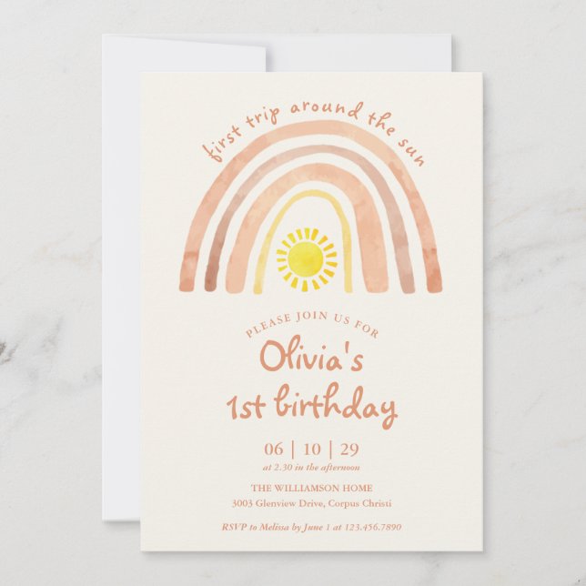 Boho First Trip Around Sun Rainbow 1st Birthday Invitation (Front)