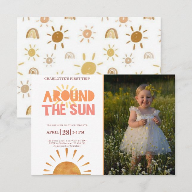 Boho First Trip Around The Sun 1st Birthday Photo Invitation (Front/Back)