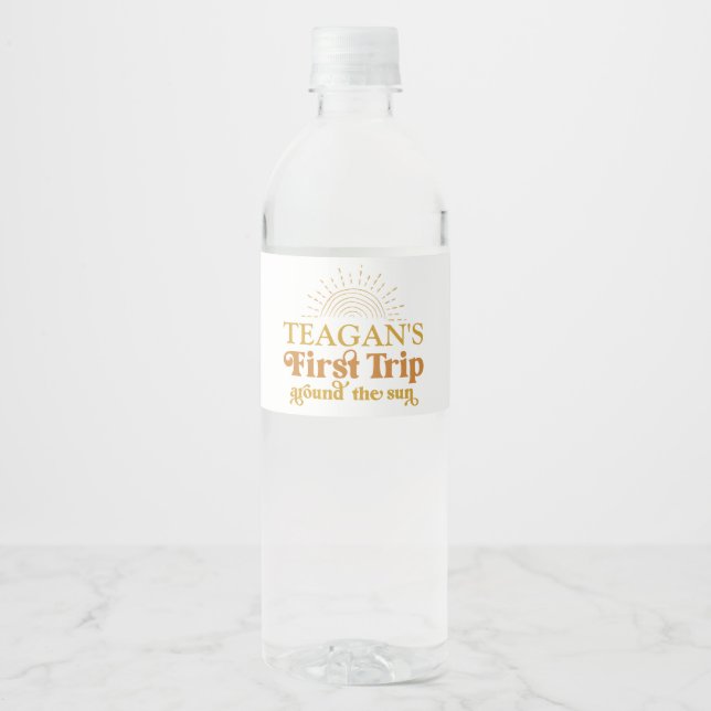 Boho First Trip Around The Sun First Birthday Water Bottle Label (Front)
