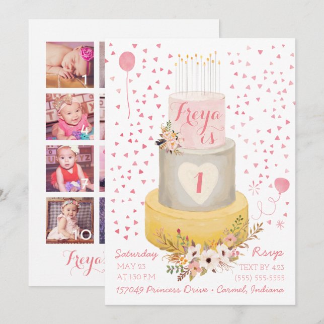 Boho First Year Photo Collage Birthday Invitation (Front/Back)