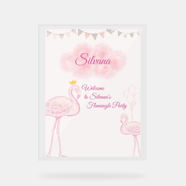 Boho Flamingo Birthday Invitation, Whimsical Princ Acrylic Sign (Front)