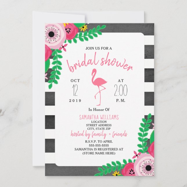 Boho Flamingo Bridal Shower - Pink + Black Invitation (Front)