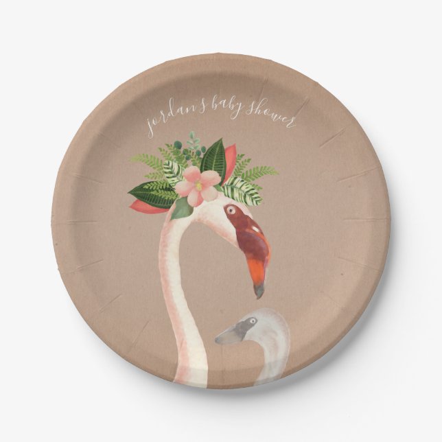 Boho Flamingo Mama + Chick Baby Shower Brown Paper Plate (Front)