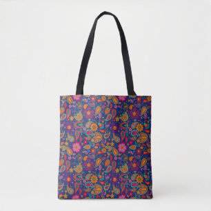 Boho Flamingo Paisley Tote Bag in Sapphire