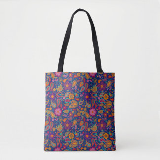 Boho Flamingo Paisley Tote Bag in Sapphire
