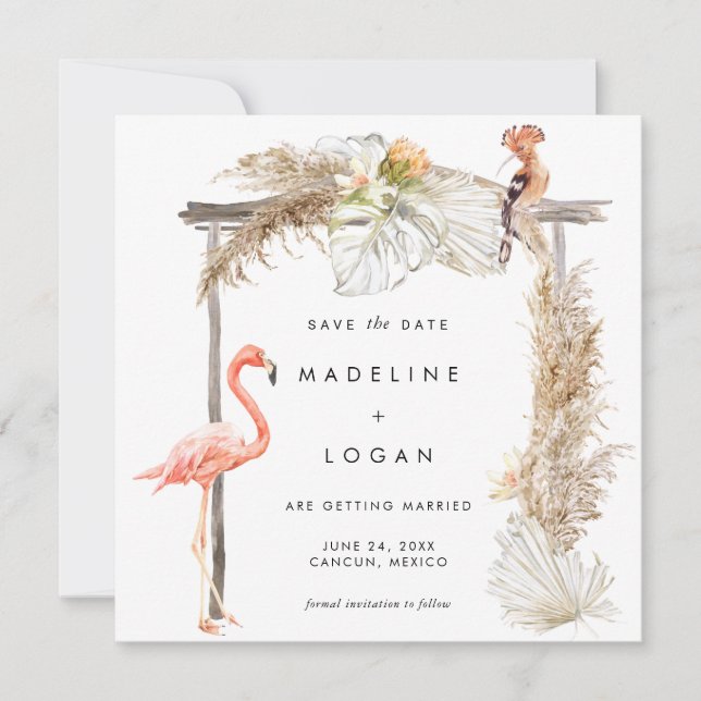 Boho Flamingo Wedding Arch Save The Date Announcement (Front)