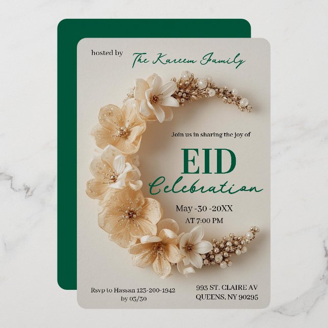 Boho Floral 3D Crescent Eid Party Invitation  (Front/Back)