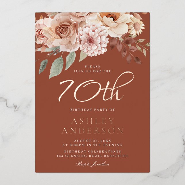 Boho Floral 70th Birthday Party Rose Gold (Front)