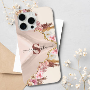Boho Floral Agate Rose Gold Pink Monogrammed iPhone 15 Pro Max Case