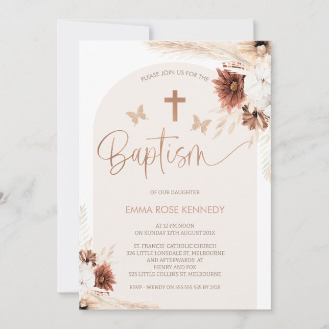 Boho Floral And Butterflies Arch Baptism Invitation (Front)
