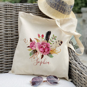 Boho floral and feather Bridesmaid Personalised Tote Bag