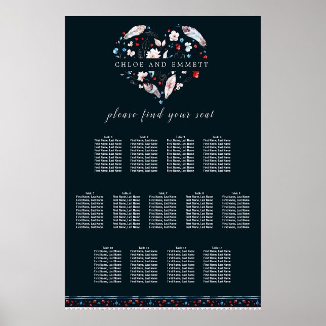 Boho Floral and Feathers 13-Table Seating Chart (Front)