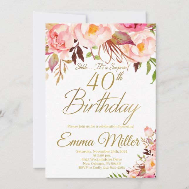 Boho Floral and Gold Surprise 40th Birthday Invitation (Front)