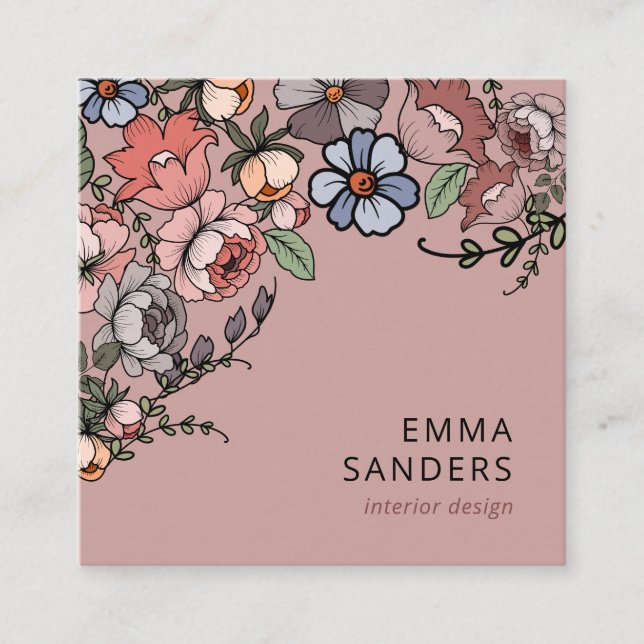 Boho Floral And Greenery Square Business Card (Front)