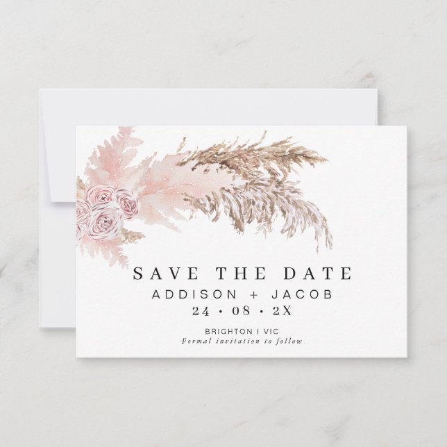 Boho Floral And Pampas Wedding Save The Date Card (Front)