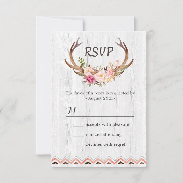 Boho Floral Antler Rustic White Wood Wedding RSVP (Front)