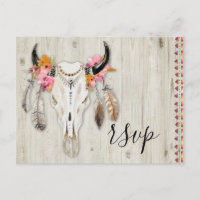 Boho Floral Antler Skull Rustic Wood RSVP Wedding