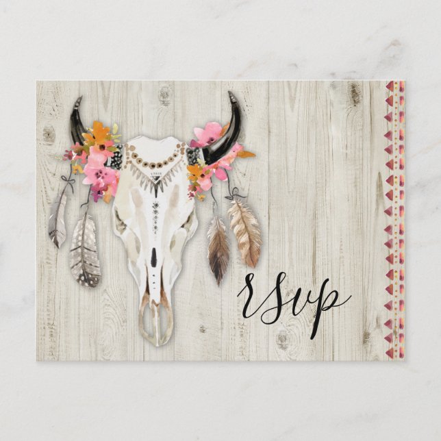 Boho Floral Antler Skull Rustic Wood RSVP Wedding Postcard (Front)