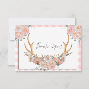 BOHO Floral Antlers Coral Gingham Thank You Card