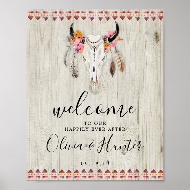 Boho Floral Antlers Cow Skull Welcome Wedding Poster (Front)