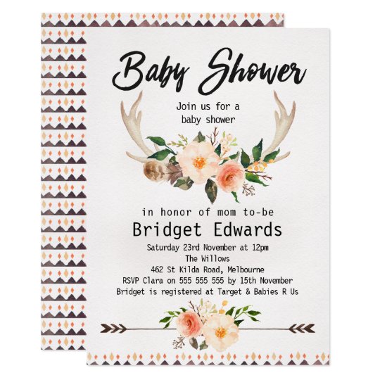 Boho Floral Antlers Neutral Baby Shower Invitation