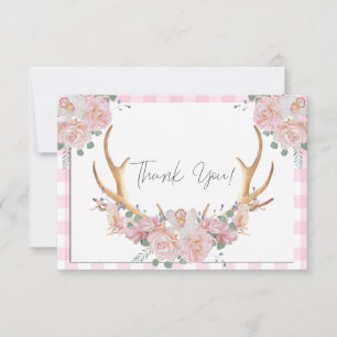 BOHO Floral Antlers Pink Gingham Thank You Card