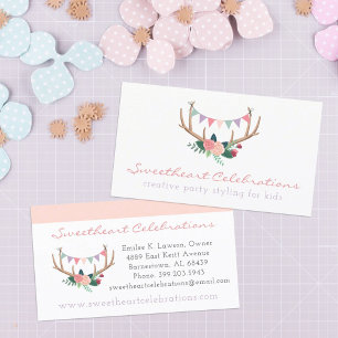 Boho Floral Antlers & Shabby Roses Party Bunting Business Card
