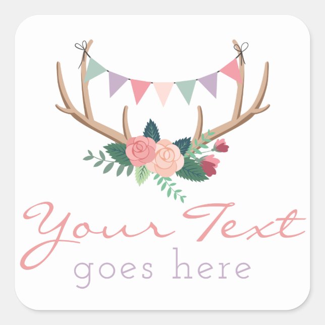 Boho Floral Antlers & Shabby Roses Party Bunting Square Sticker (Front)