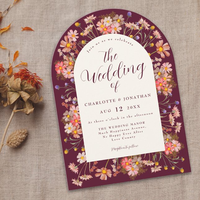 Boho Floral Arch Burgundy Wedding Invitation (rustic floral arch burgundy fall wedding invitation Watercolor wildflowers elegant modern script)