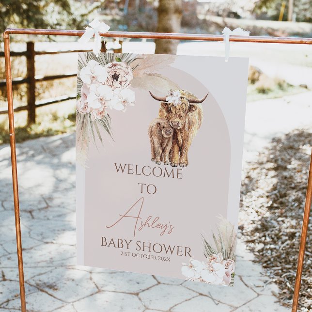 Boho Floral Arch Cow Calf Baby Shower Welcome Sign (Boho floral highland cow and calf baby shower welcome sign also featuring a blush colored arch.)